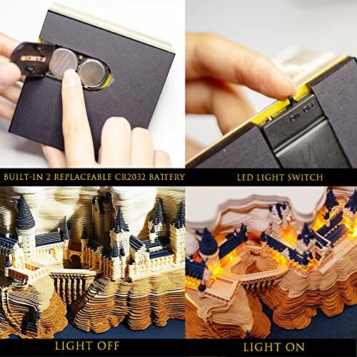 3D wooden puzzle with LED light feature and replaceable battery.