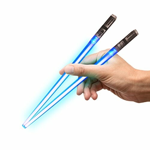 Hand holding glowing blue LED chopsticks