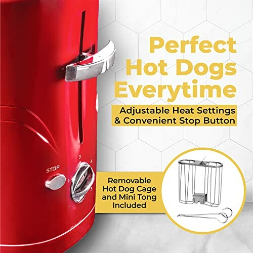 Red hot dog cooker with adjustable settings, stop button, removable cage, and mini tong.