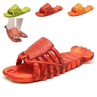 Colorful lobster-shaped slippers in red, orange, and yellow.