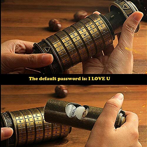 Hands holding a cylindrical puzzle cipher lock.