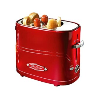 Red retro toaster with hot dogs and buns