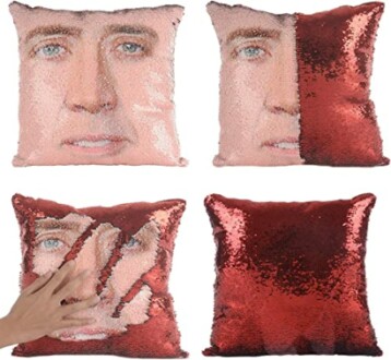 Reversible sequin pillow with a hidden face design.