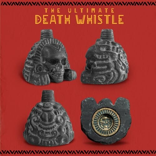 Four views of the ultimate death whistle with skull design on red background.